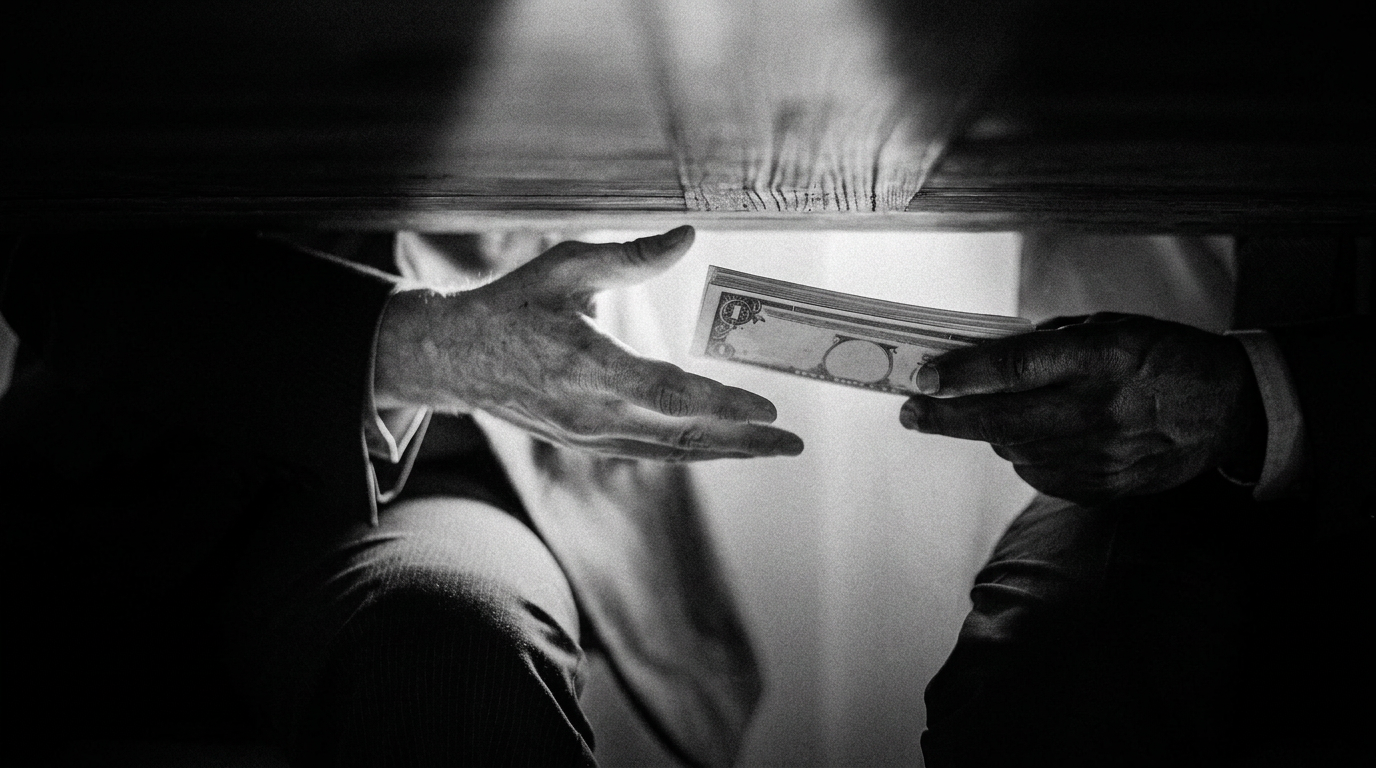 Two hands passing a folded banknote beneath a table, in black and white
